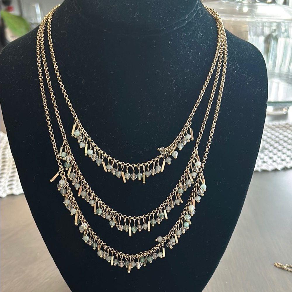 Elegant 17” Gold Layered Necklace with clear to Frosty shades of aqua/jade.